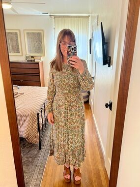 Old Navy Green Floral Midi Dress with Pink and Yellow Accents